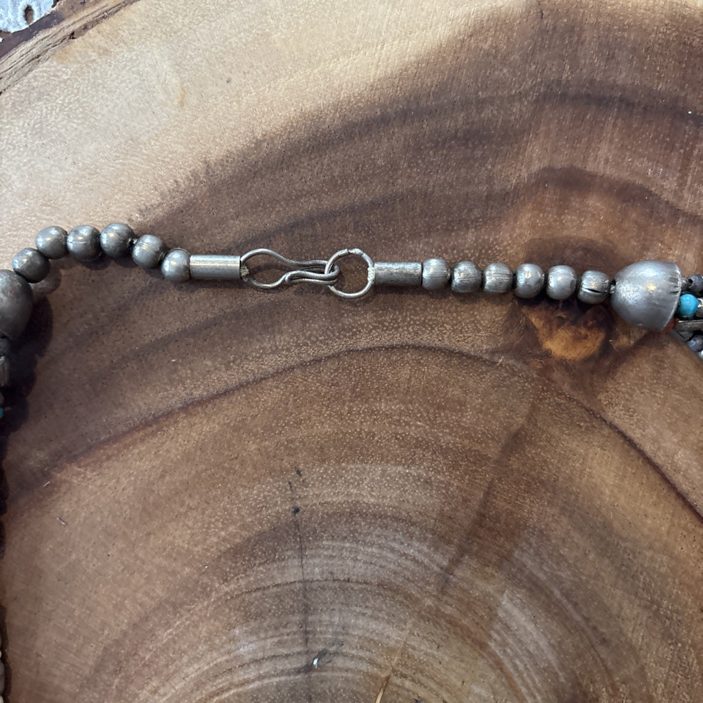 70s Boho Southwestern Nickel Silver Turquoise Coral Bead Multi Strand Necklace