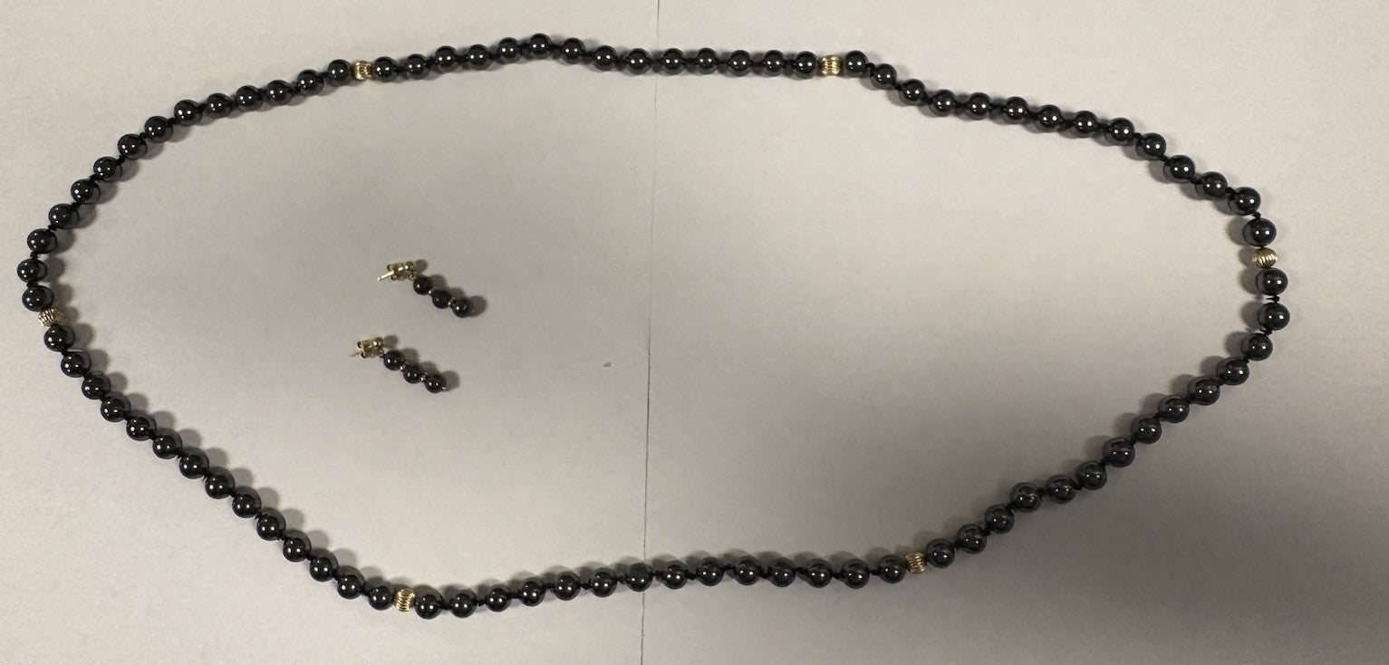 VTG Hematite Necklace & Earrings Set Solid 14K Gold Beads Posts 32”