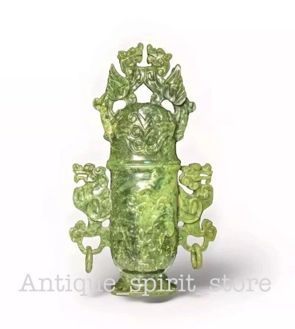 Antique Chinese Jade Dragon-Handled Ritual Vase 11.5” Carved Celadon