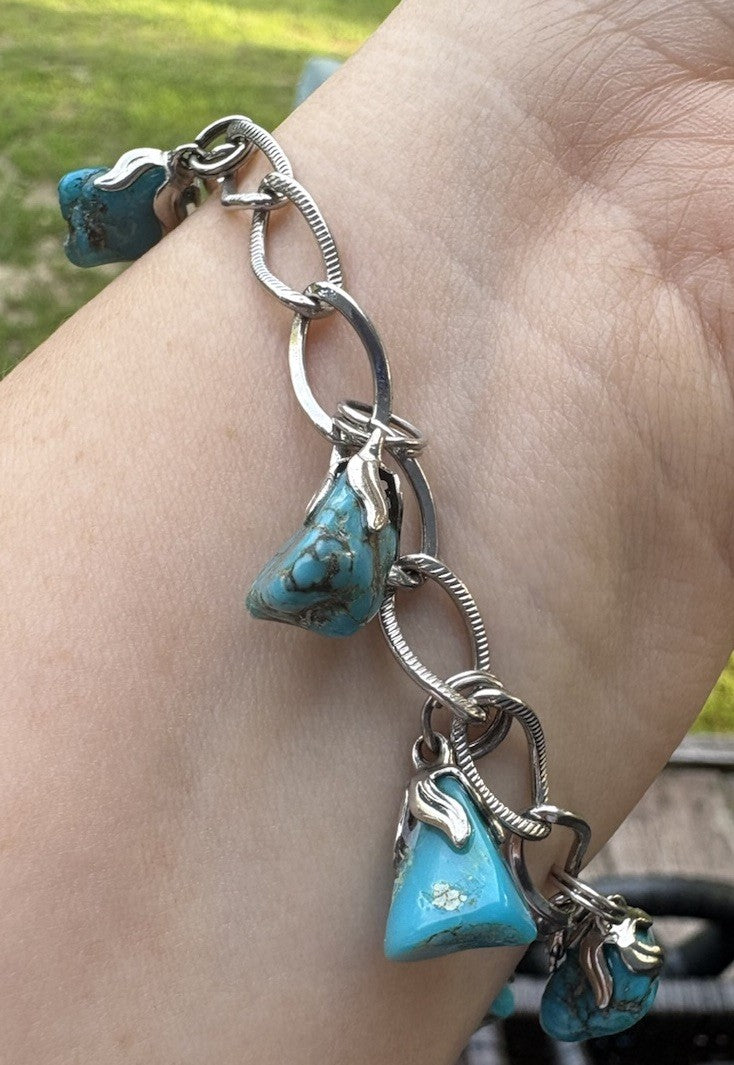 Vintage Sterling Silver Turquoise Nugget Charm Bracelet Southwestern 7”