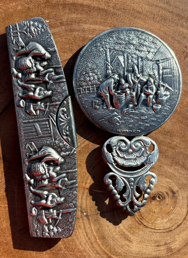 Vintage Hans Jensen Denmark Tavern Scene Silver Plated Hair Comb & Mirror Set
