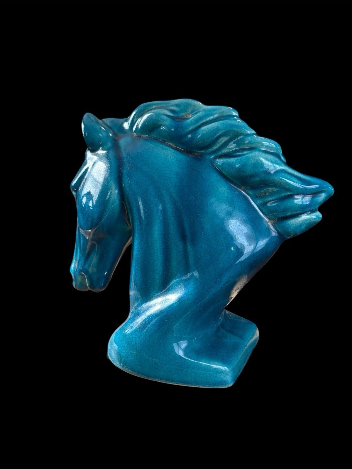Vintage Turquoise Blue Ceramic Horse Bust Statue – Crackle Glaze Figurine