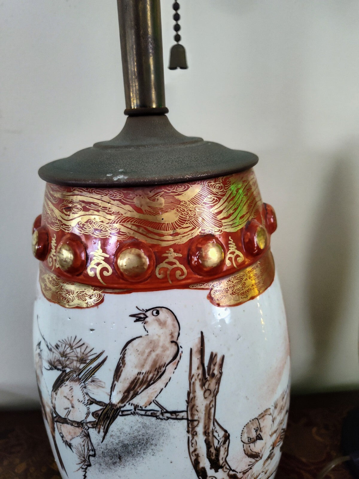 Pair Meiji Japanese Kutani Seizan Lamps, Gilt Birds & Cranes, Hand Painted