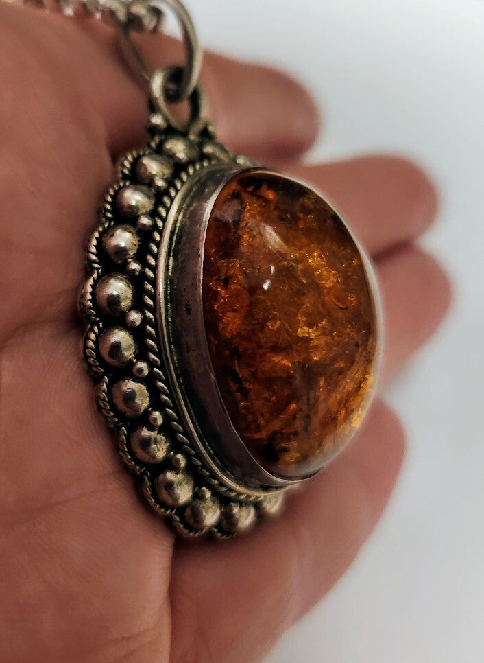 Genuine Natural AMBER Stone PENDANT with Sterling Silver 925 With Chain