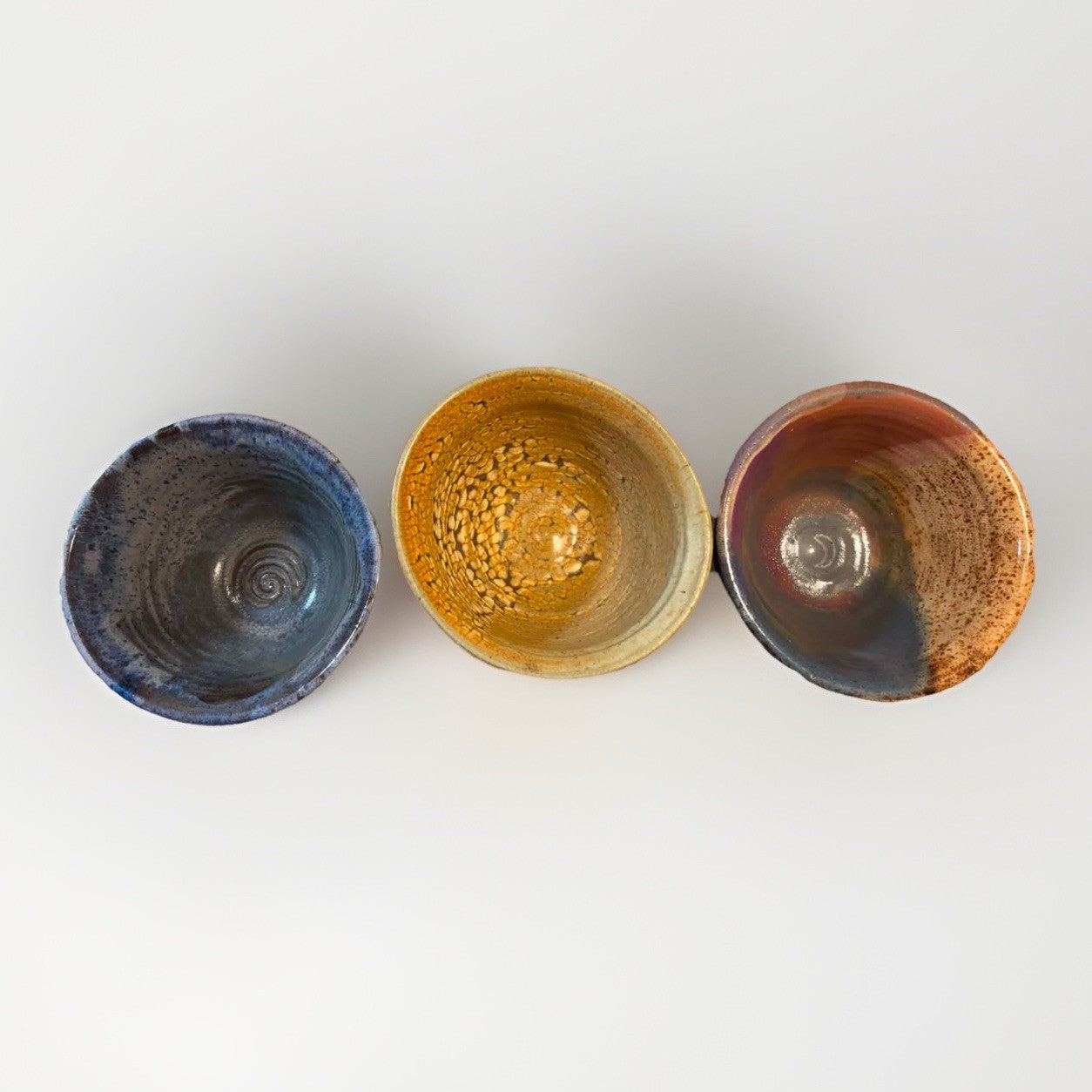 Signed Edwards Studio Pottery Goblet Set Of 3 Volcanic Glaze Artisan Cups