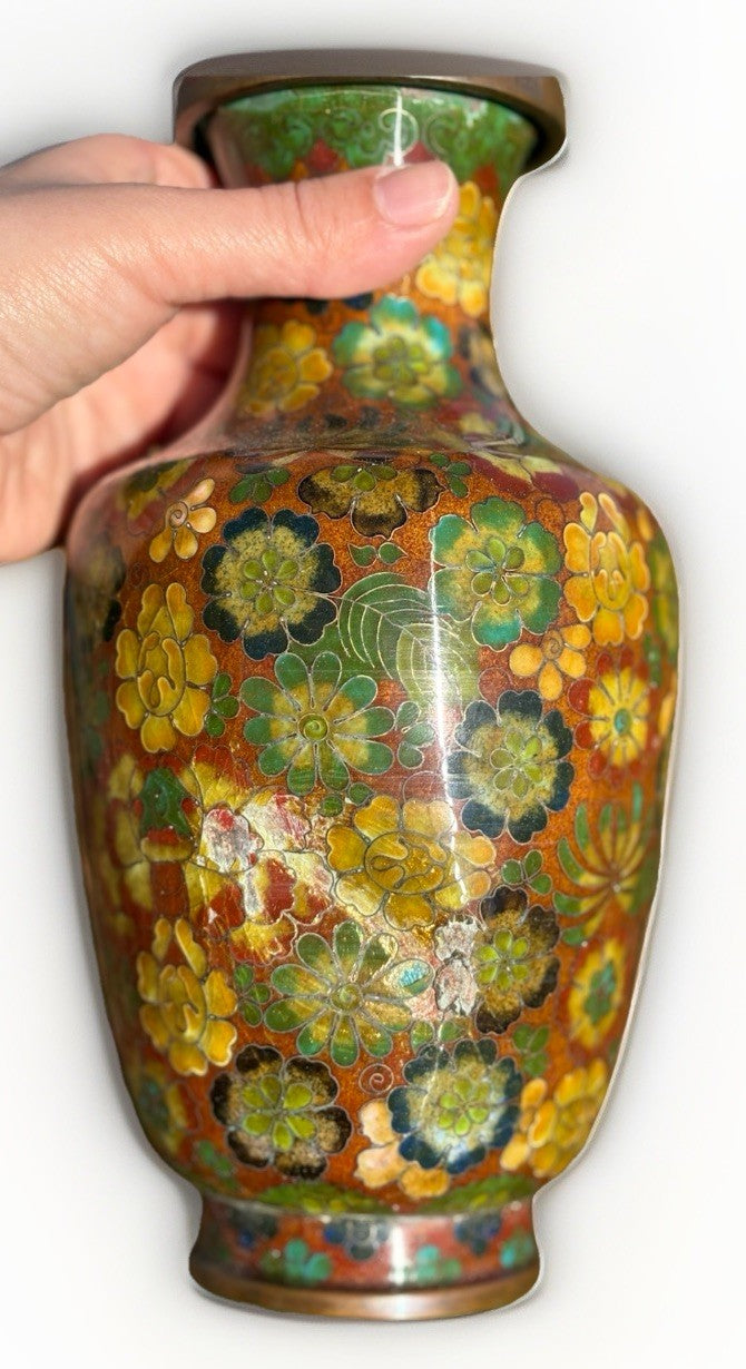 3 Piece Set of Fine Antique Chinese Cloisonne Vases & Bowl