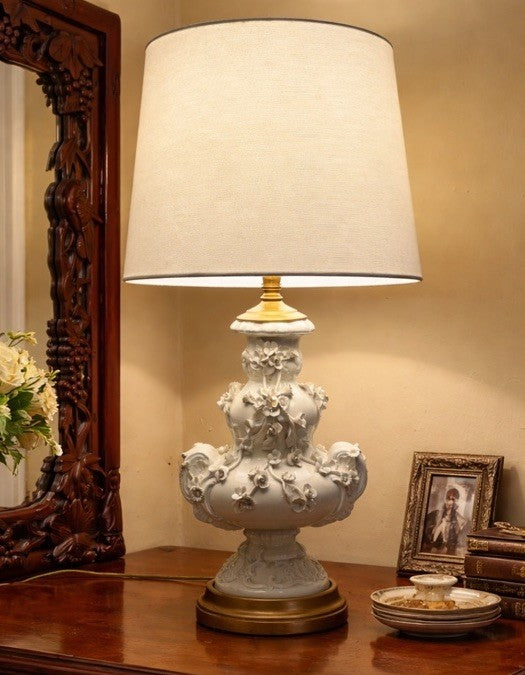 Vintage Blanc De Chine Porcelain Floral Relief Table Lamp Hollywood Regency