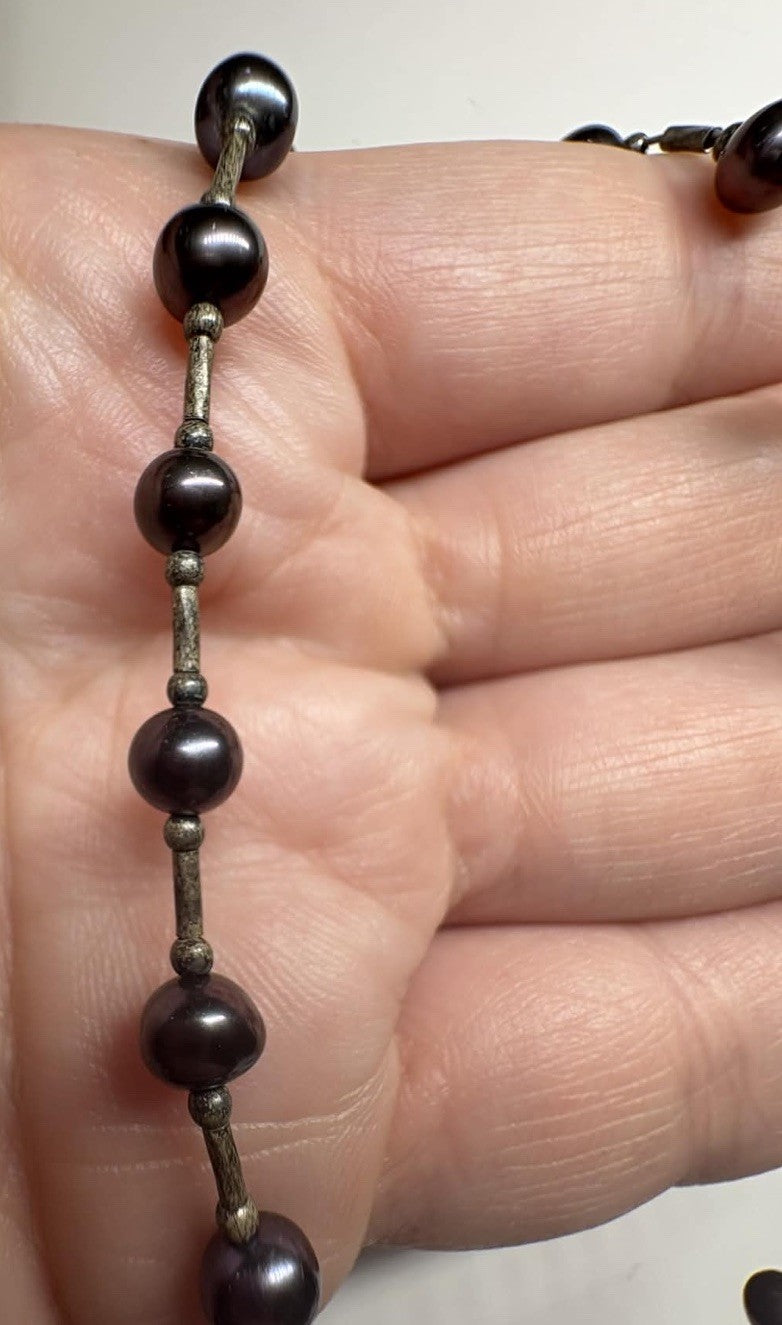 Vintage Sterling Silver 925 Dark Gray Freshwater Pearl Necklace 11” Child