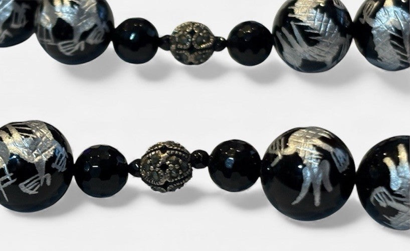 VTG Gothic 925 Sterling Marcasite Pendant Necklace Black Beads Signed
