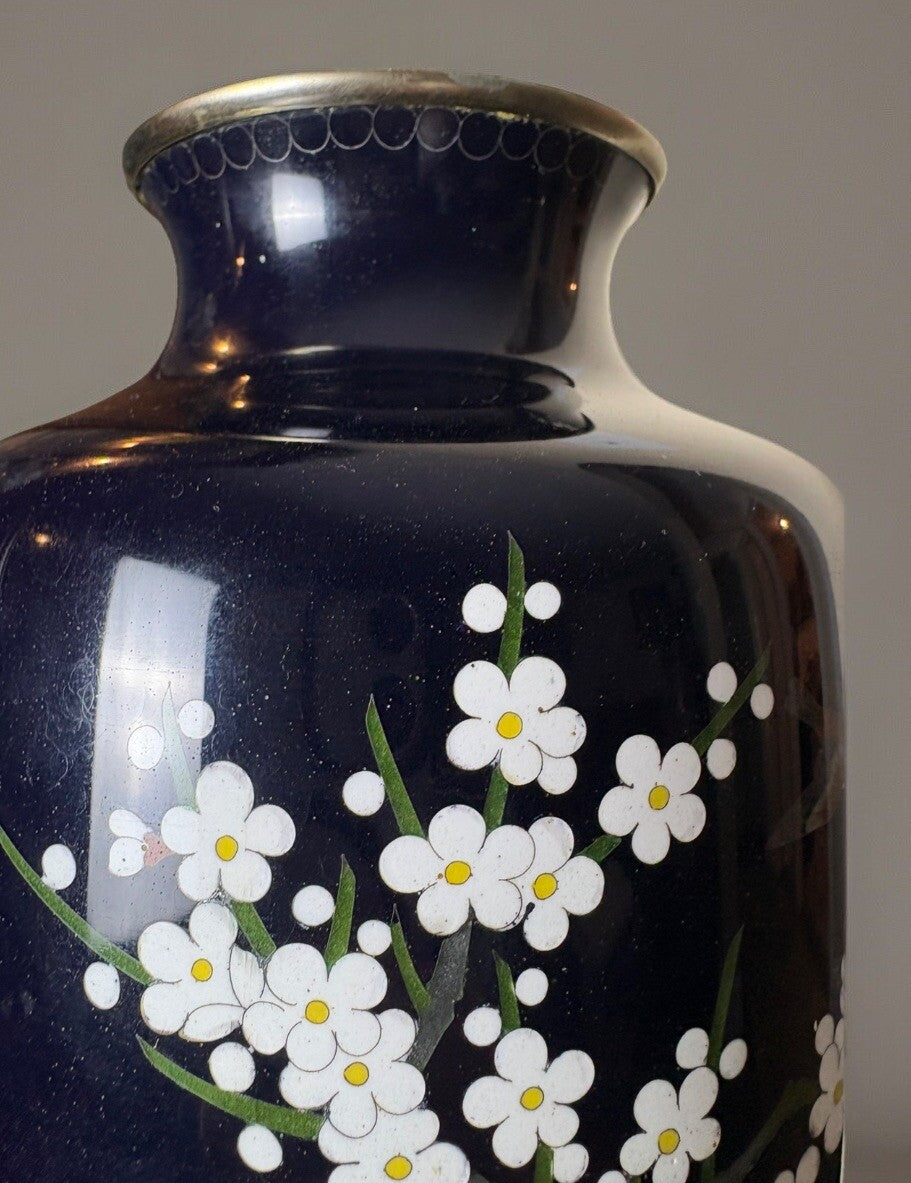 Old Cobalt Blue Japan Vase Bird Blossom Branch Cloisonné 9.5” See Pics Damage