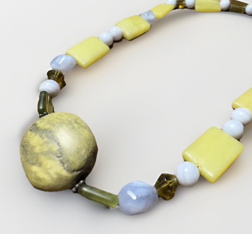 17” Beaded Necklace Yellow Stone, Blue Chalcedony & Sterling Silver Toggle
