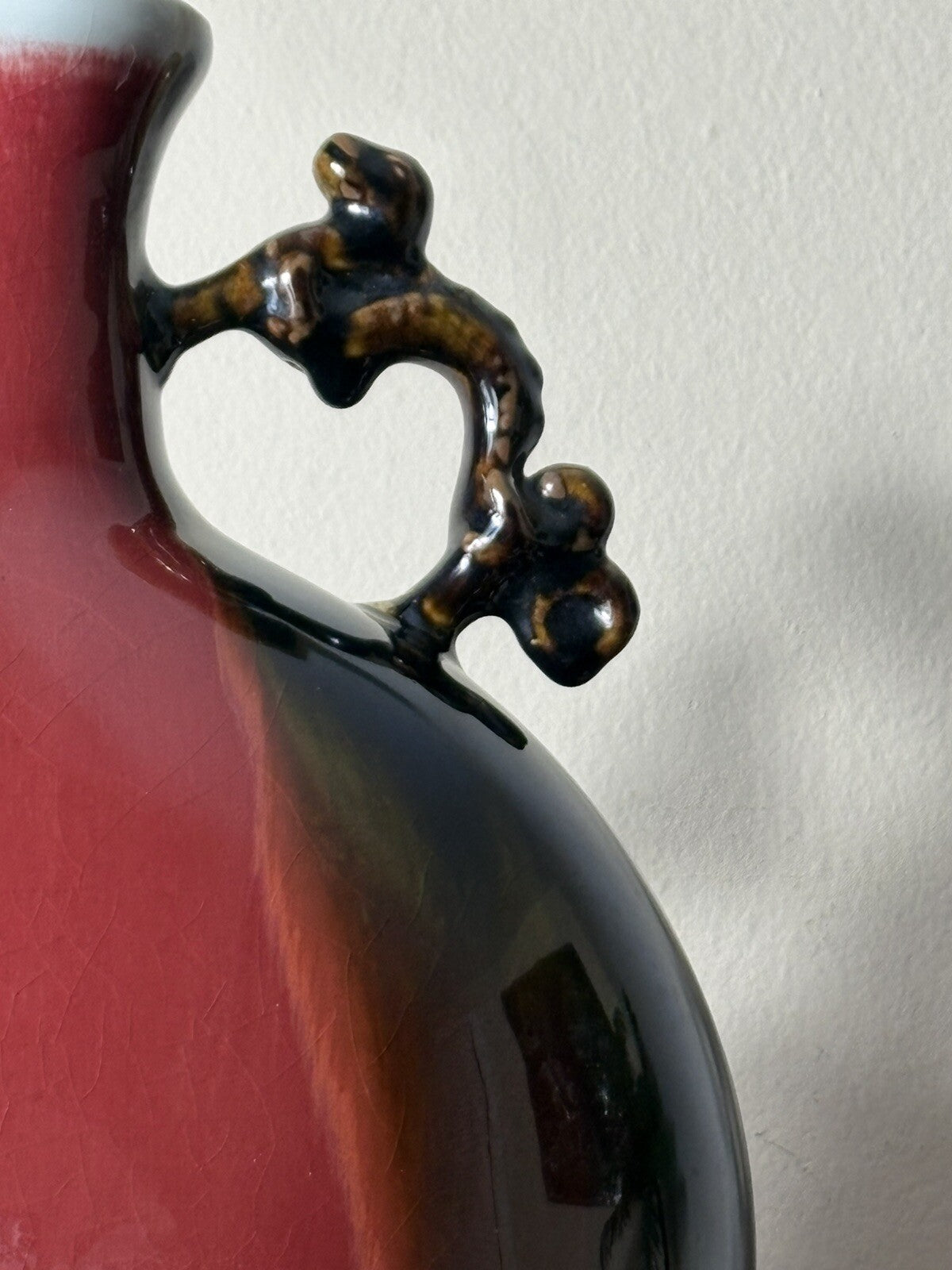 14” Chinese Oxblood Flambé Glaze Vase w/ Handles Crackle Base Qing Style Mark