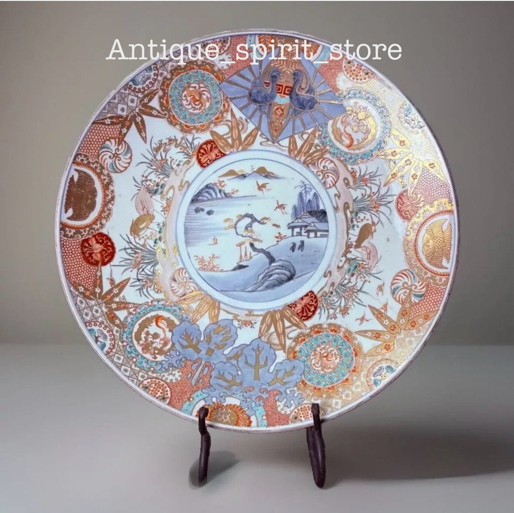 18"In XLARGE 19th C. JAPANESE PORCELAIN CHARGER, mountains, birds