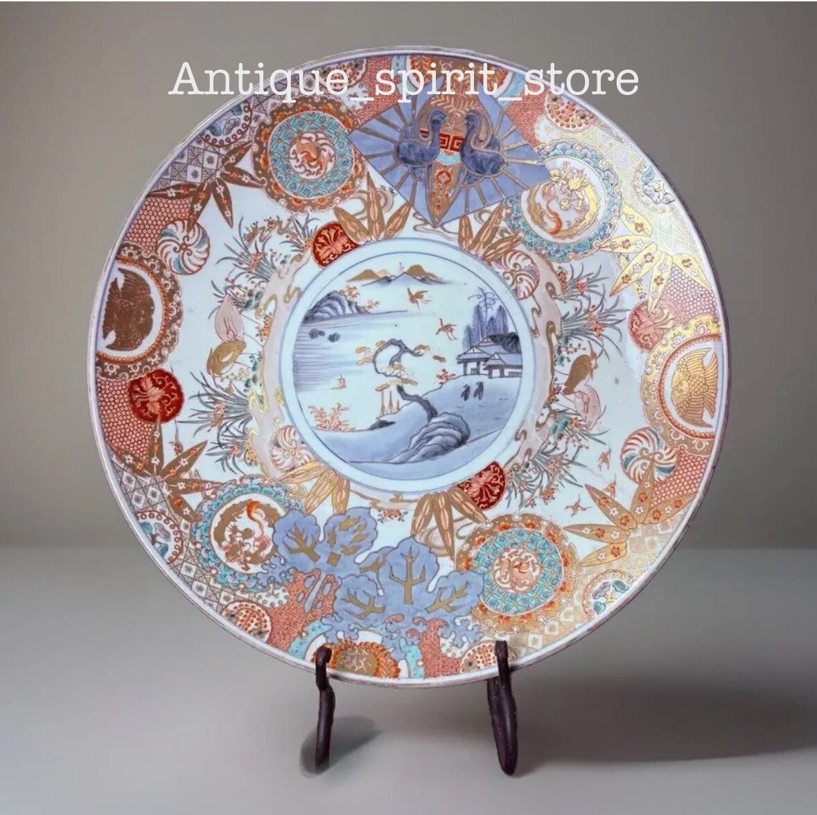 18"In XLARGE 19th C. JAPANESE PORCELAIN CHARGER, mountains, birds