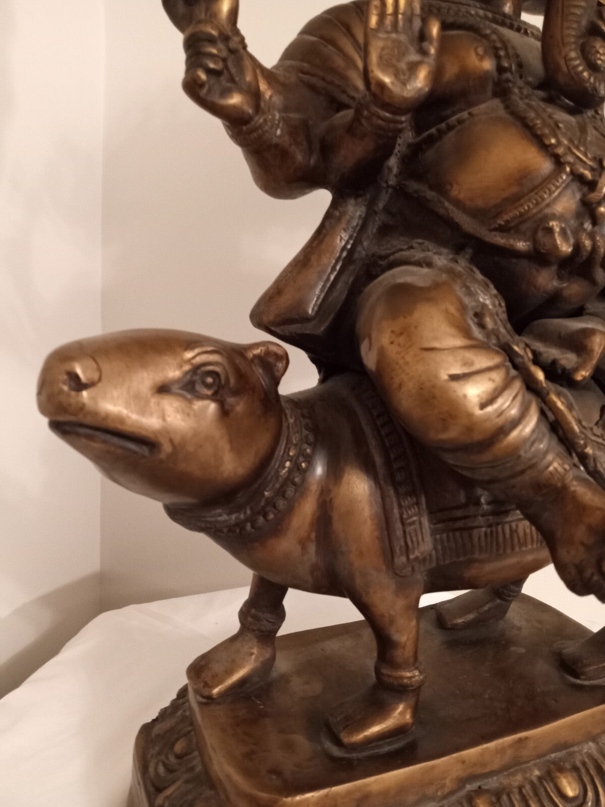 Antique Bronze 22” Three-Headed Ganesha Hindu Statue – Vighnaharta Riding Mouse