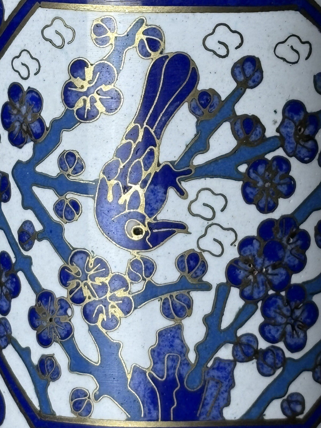 Antique Cloisonne Blue & White Birds &Flower Copper Tea Jar 4”