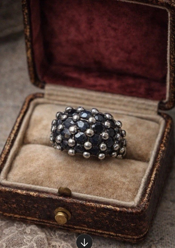 Vintage Italian 925 Sterling Silver Dome Cluster Ring with Blue Sapphire Sz 5 7g