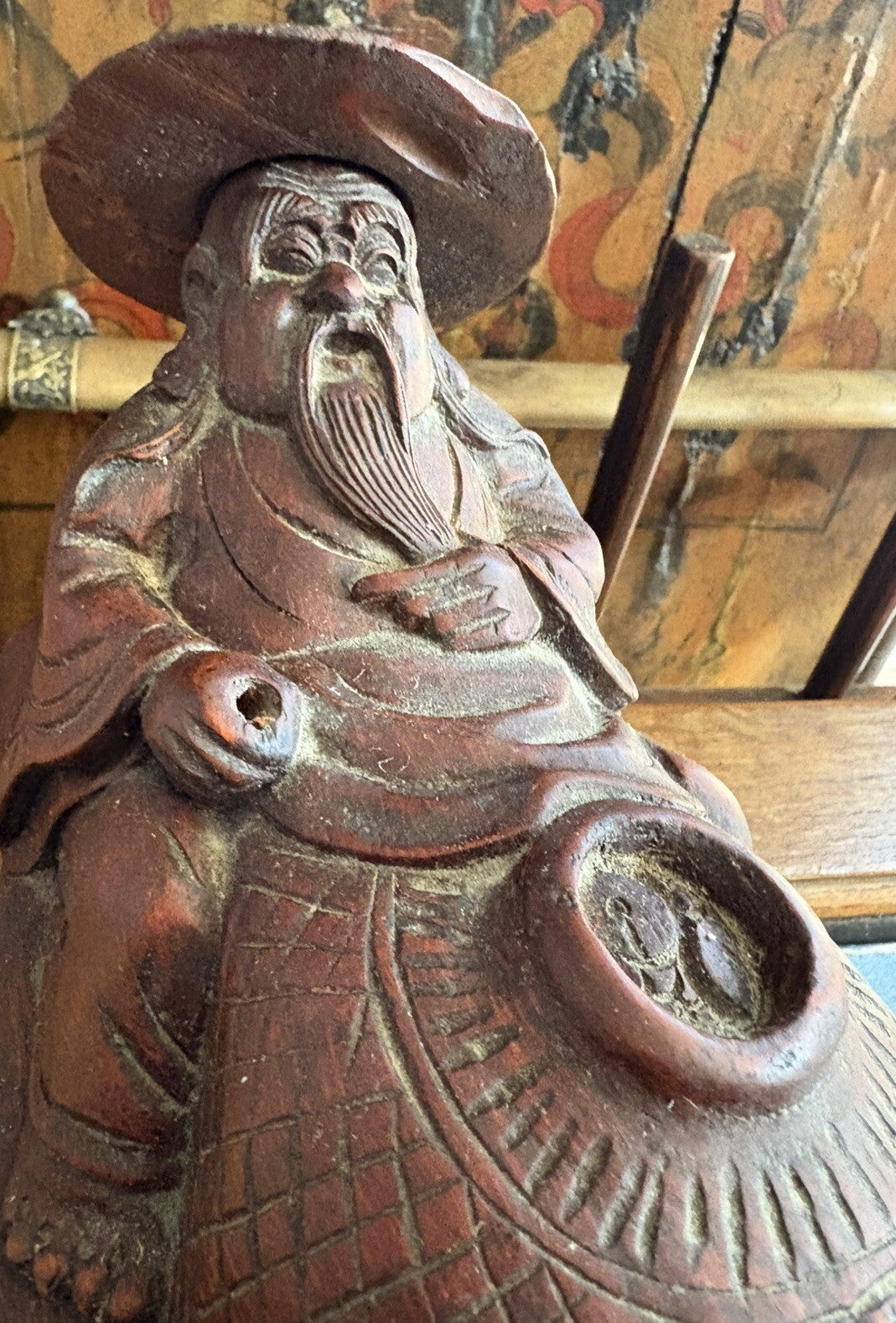 Large Antique Chinese Bamboo Carved Asian Man On Boat Incense Burner