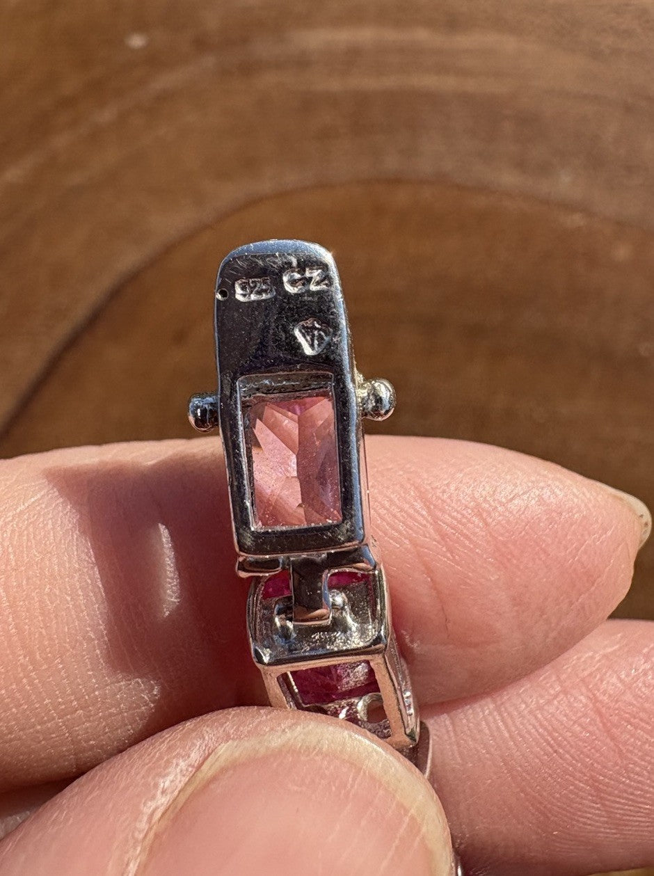 Pink 2 Tone Gemstone Tennis Bracelet 925 Sterling Silver 7.5” Box Clasp Vintage