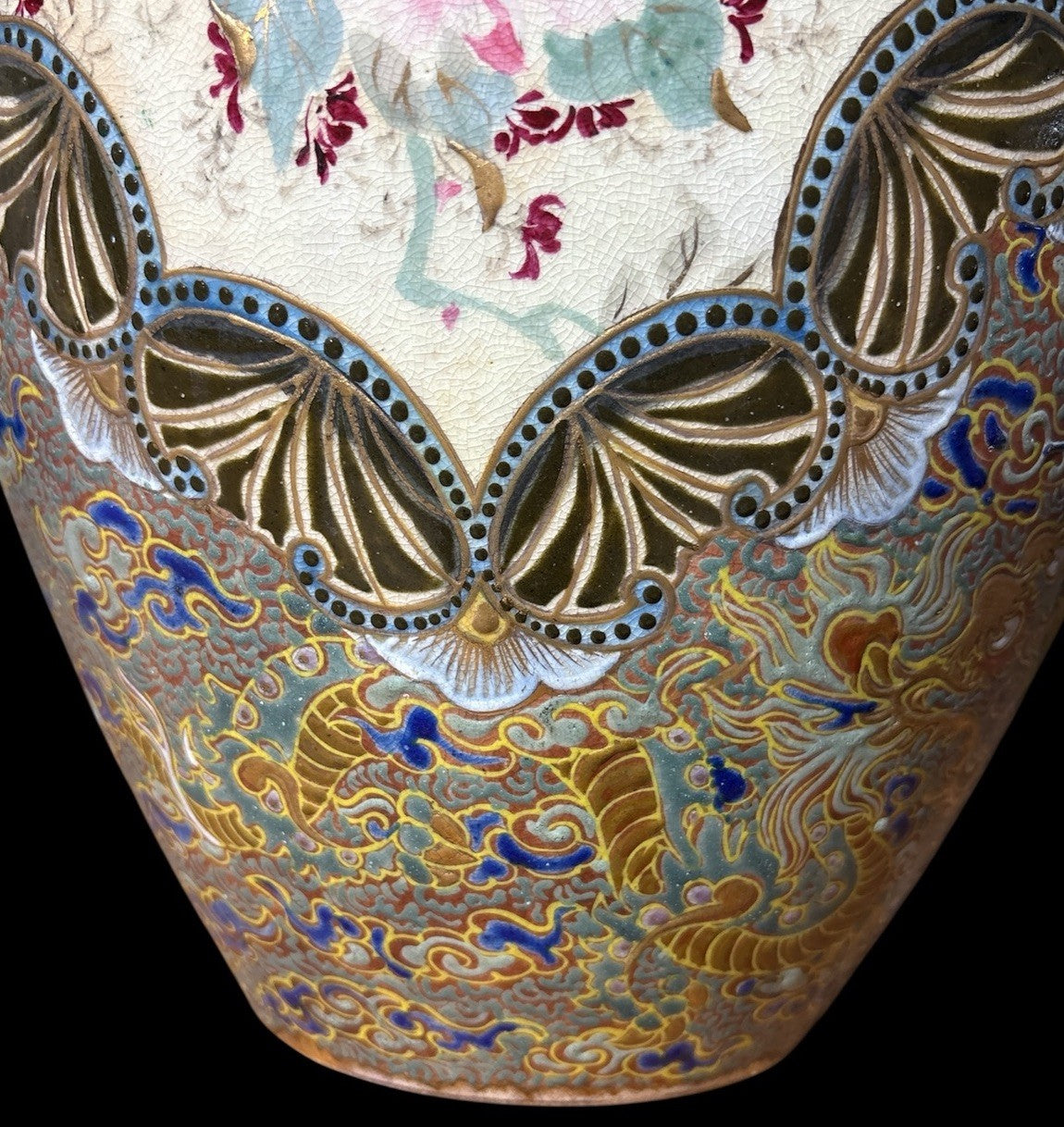 Large 1800s Satsuma Kinkozan Vase – Gilt Dragons, Phoenix, Roses, Heavy Enamel