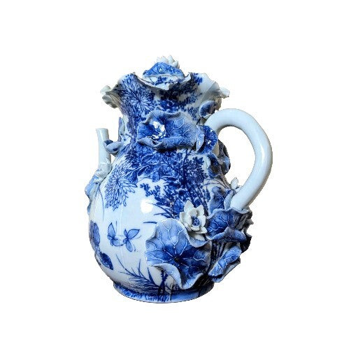 Rare 19thC Victorian Blue White Porcelain Pitcher Floral Relief Teapot Antique