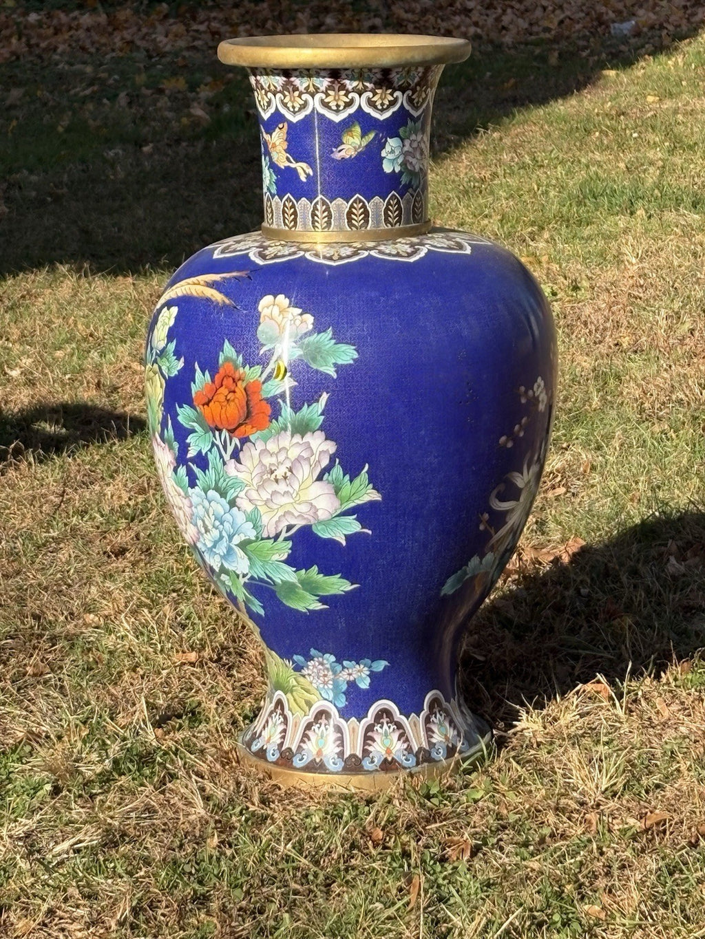 Large Vintage Cobalt Blue Cloisonné Style Vase Floral Birds Brass Rim Asian 30”