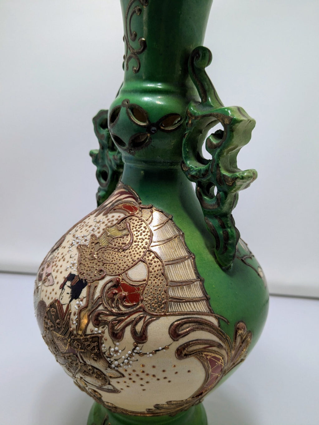 Vintage Japanese Satsuma-Style Hand Painted Vase – Green Glaze & Gold Gilding