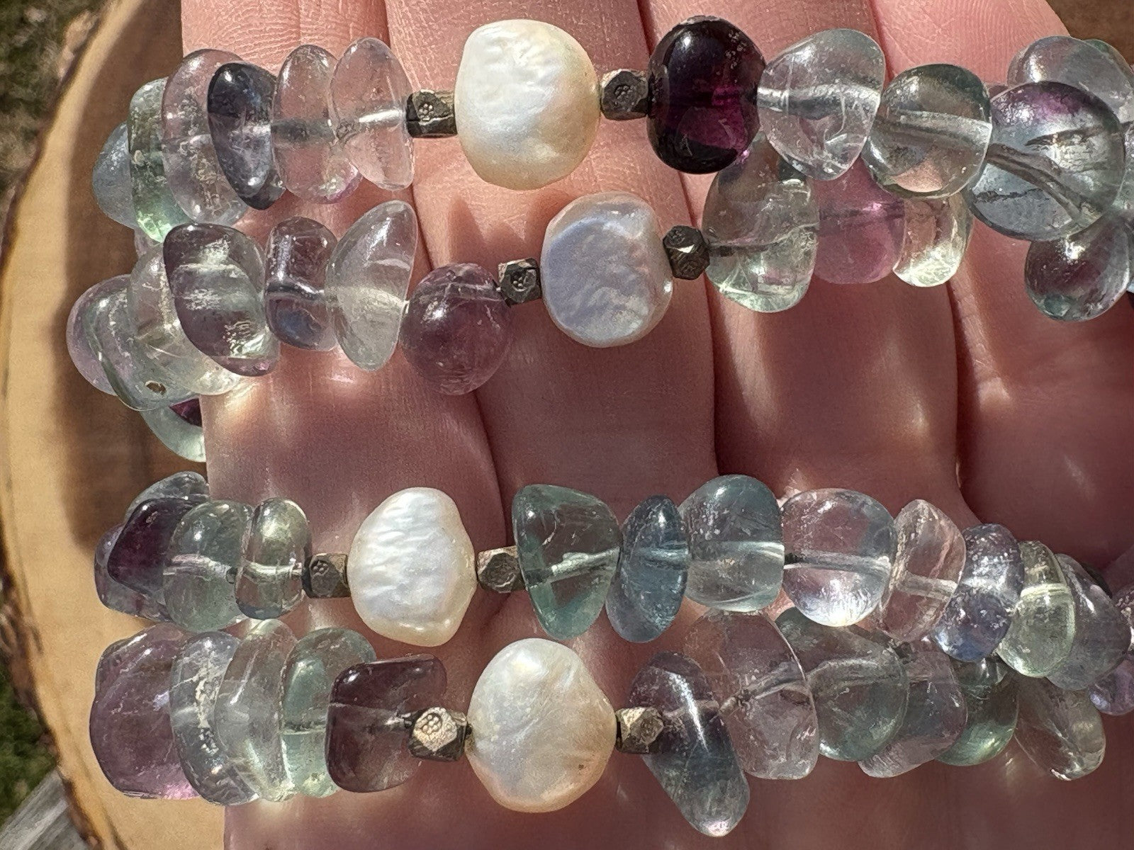 Fluorite Quartz Multi Strand Necklace Natural Gemstone Pearl Sterling Silver 16”