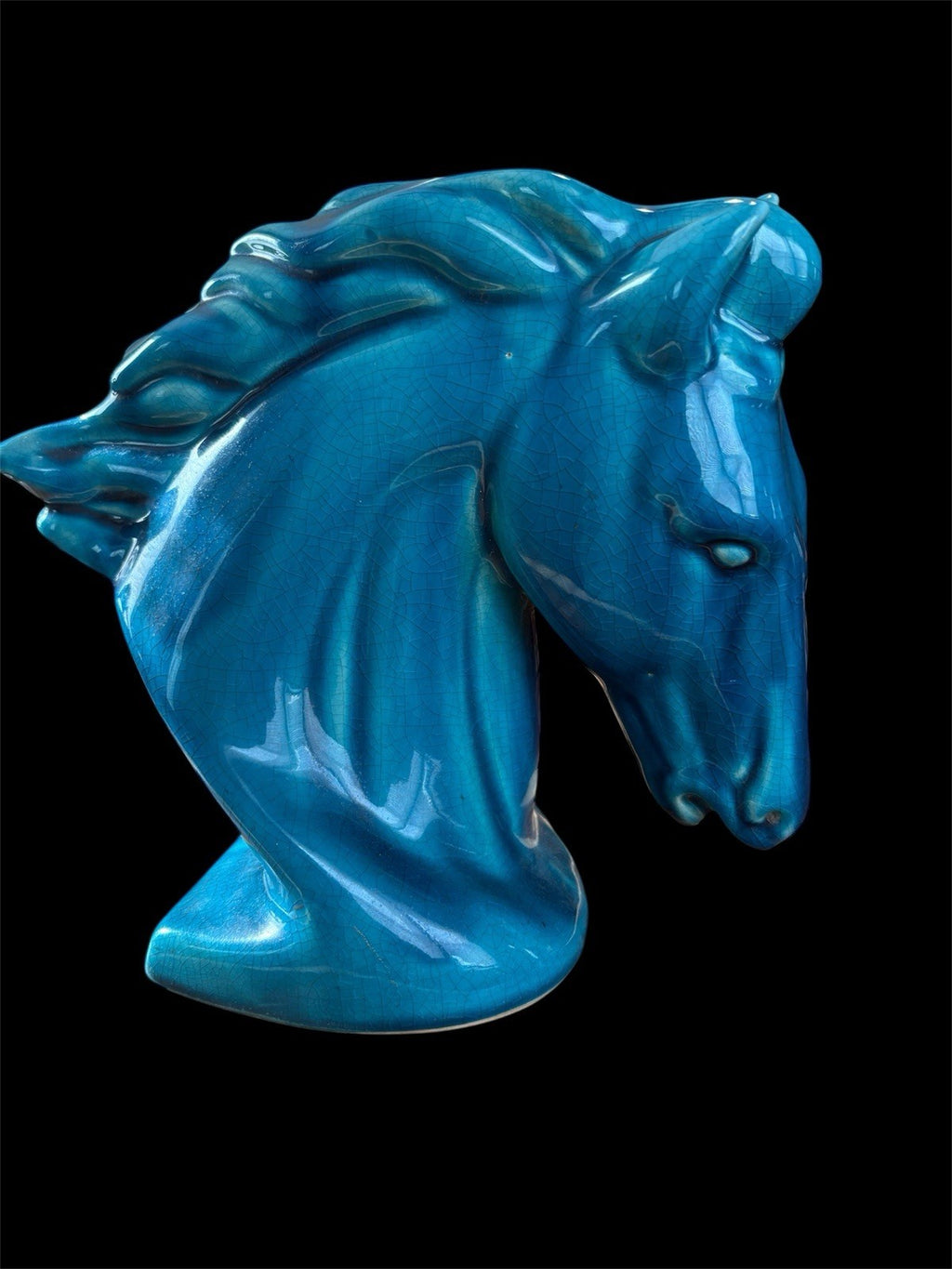 Vintage Turquoise Blue Ceramic Horse Bust Statue – Crackle Glaze Figurine