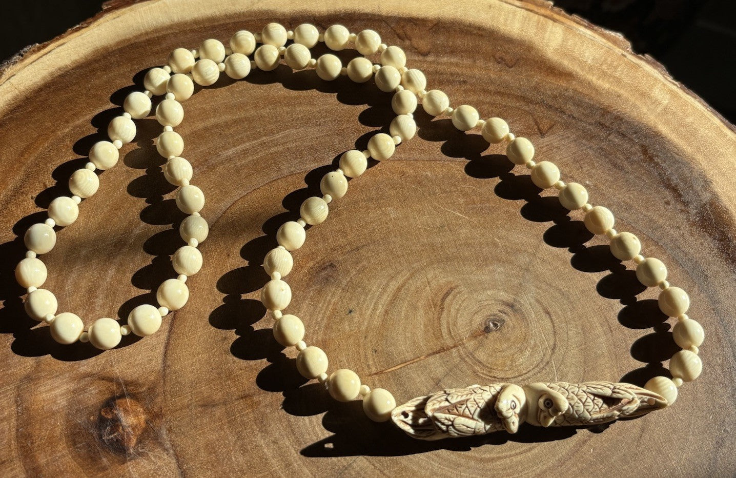 Antique Japanese Carved Bird Necklace Beads Meiji Period