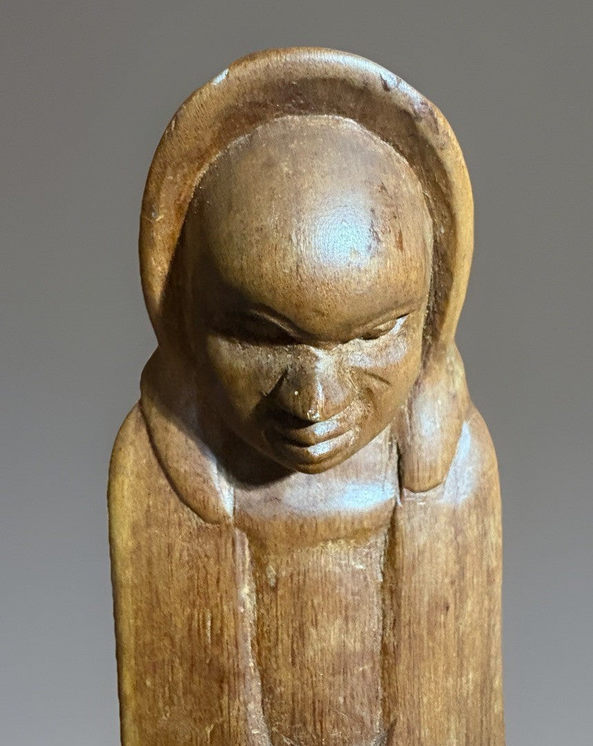 Vintage Hand-Carved Mahogany Monk Statue – 12” Folk Art 1900s
