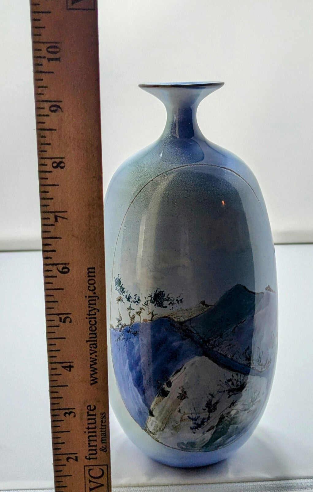Vintage Japanese Blue Porcelain Vase Hand Painted Mountain Landscape Art Pottery