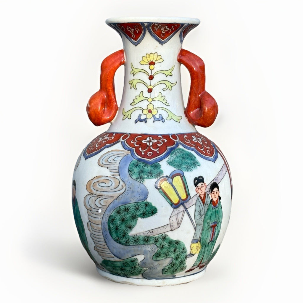 Antique Chinese Porcelain Vase Figural Scenes Double Handles Kangxi Style Mark
