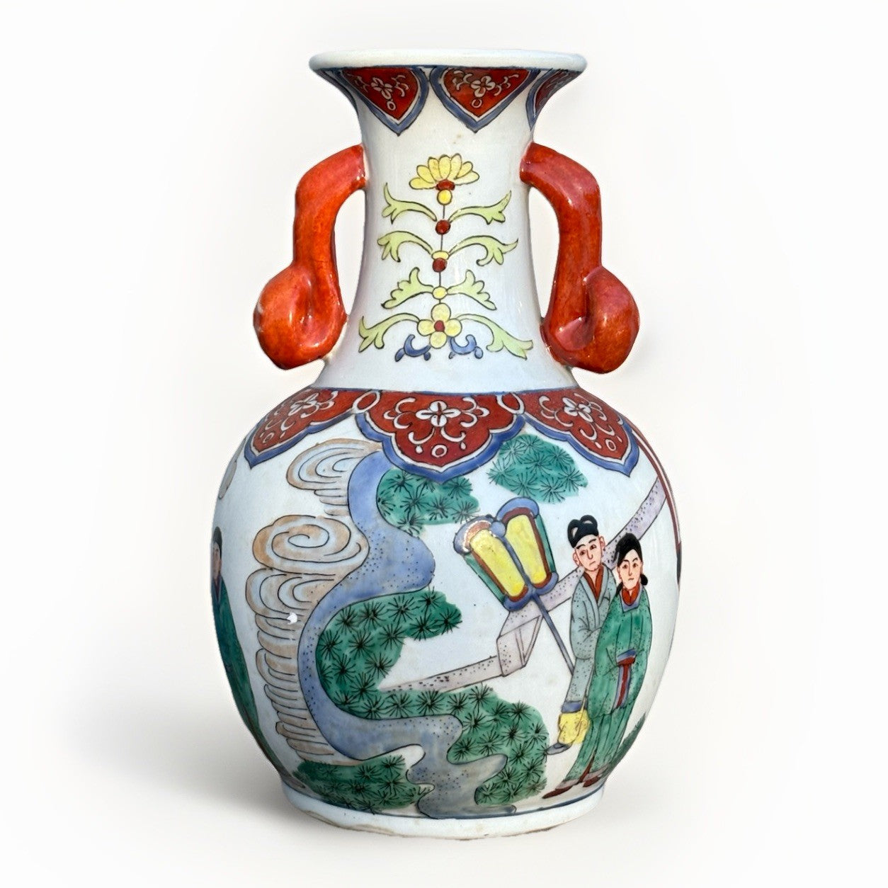 Antique Chinese Porcelain Vase Figural Scenes Double Handles Kangxi Style Mark