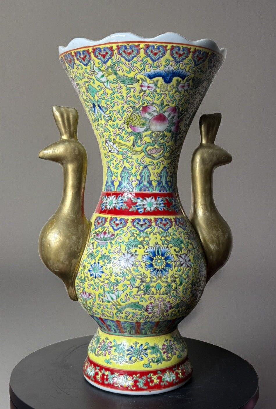 Antique Chinese Famille Rose Yellow Ground Vase w/ Gilt Phoenix Handles 15”