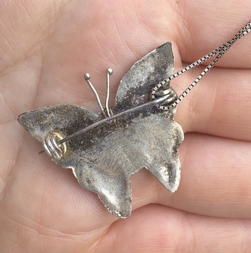 Vintage Abalone Shell Butterfly Pendant Brooch Necklace With Chain
