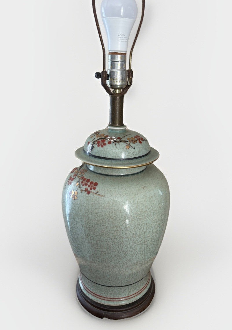 Vintage Chinese Celadon Crackle Ginger Jar Lamp Birds Blossoms Gilt