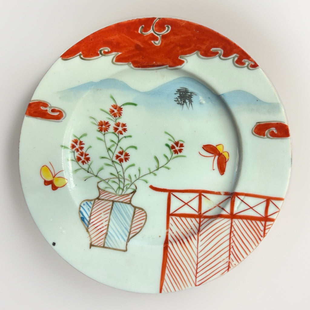 Meiji–Taishō Kutani Hand-Painted Plate Flowers & Butterfly, Signed 19th C