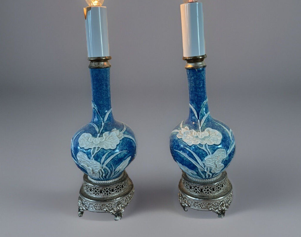 Pair Estate Blue Porcelain Relief Lamps on Ornate Silver Bases Chinoiserie Decor