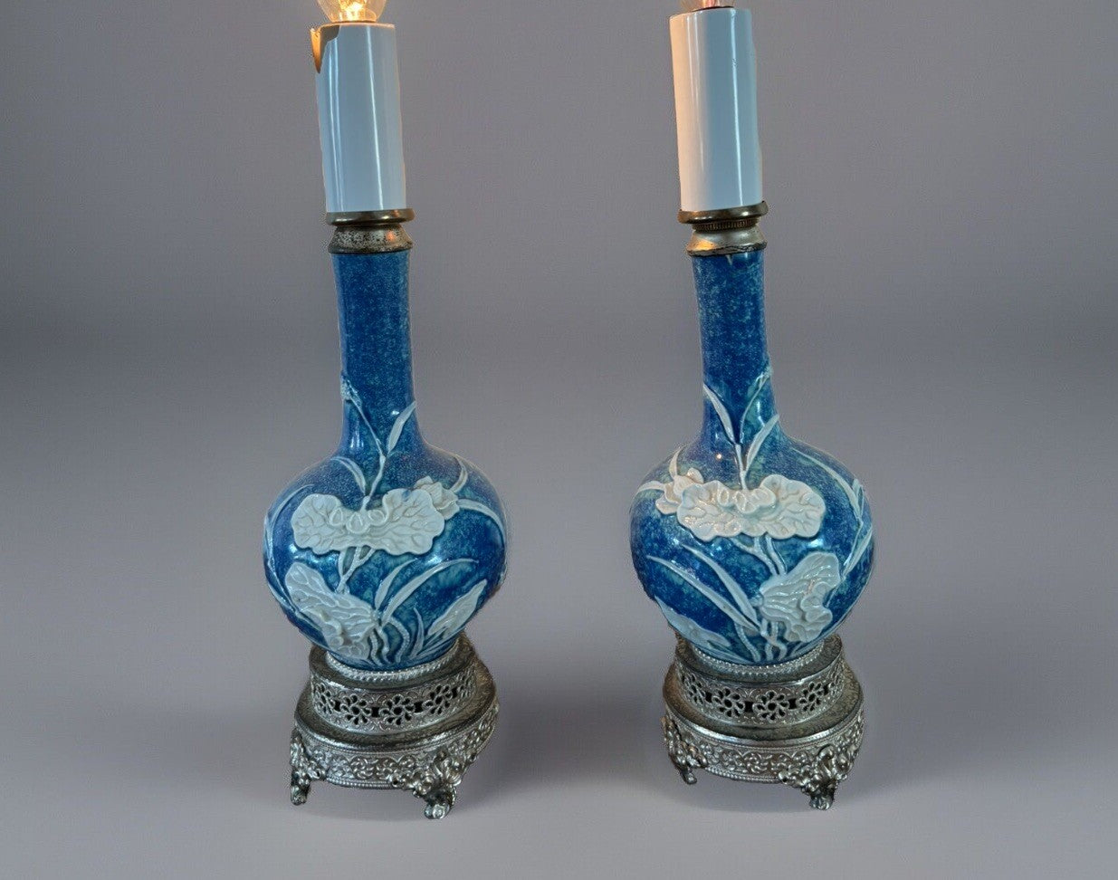 Pair Estate Blue Porcelain Relief Lamps on Ornate Silver Bases Chinoiserie Decor