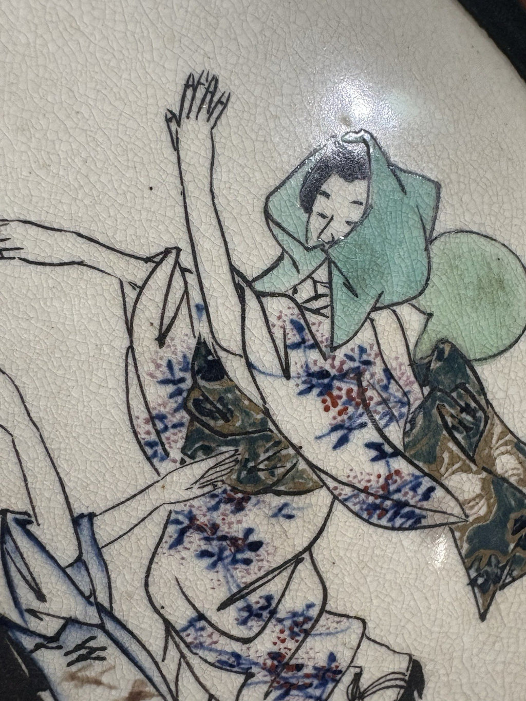 Antique Japanese Satsuma Revival Moon Flask Vase Hand Painted Figures