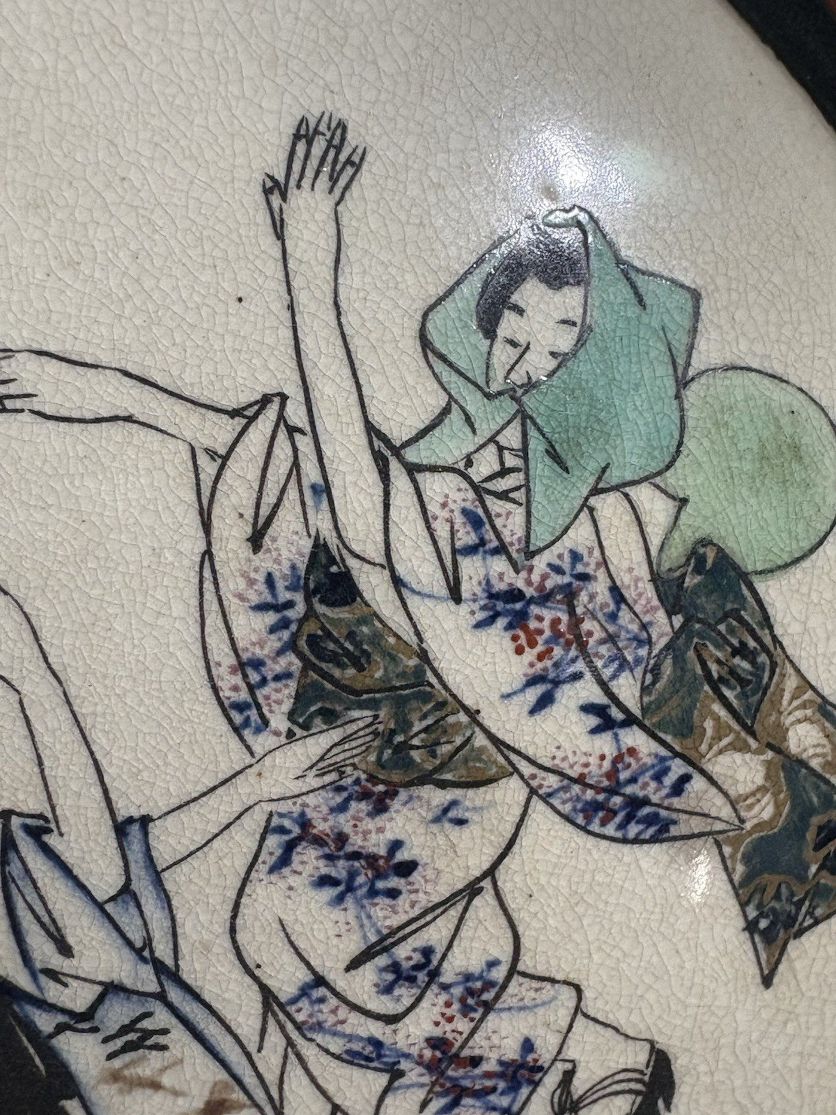 Antique Japanese Satsuma Revival Moon Flask Vase Hand Painted Figures