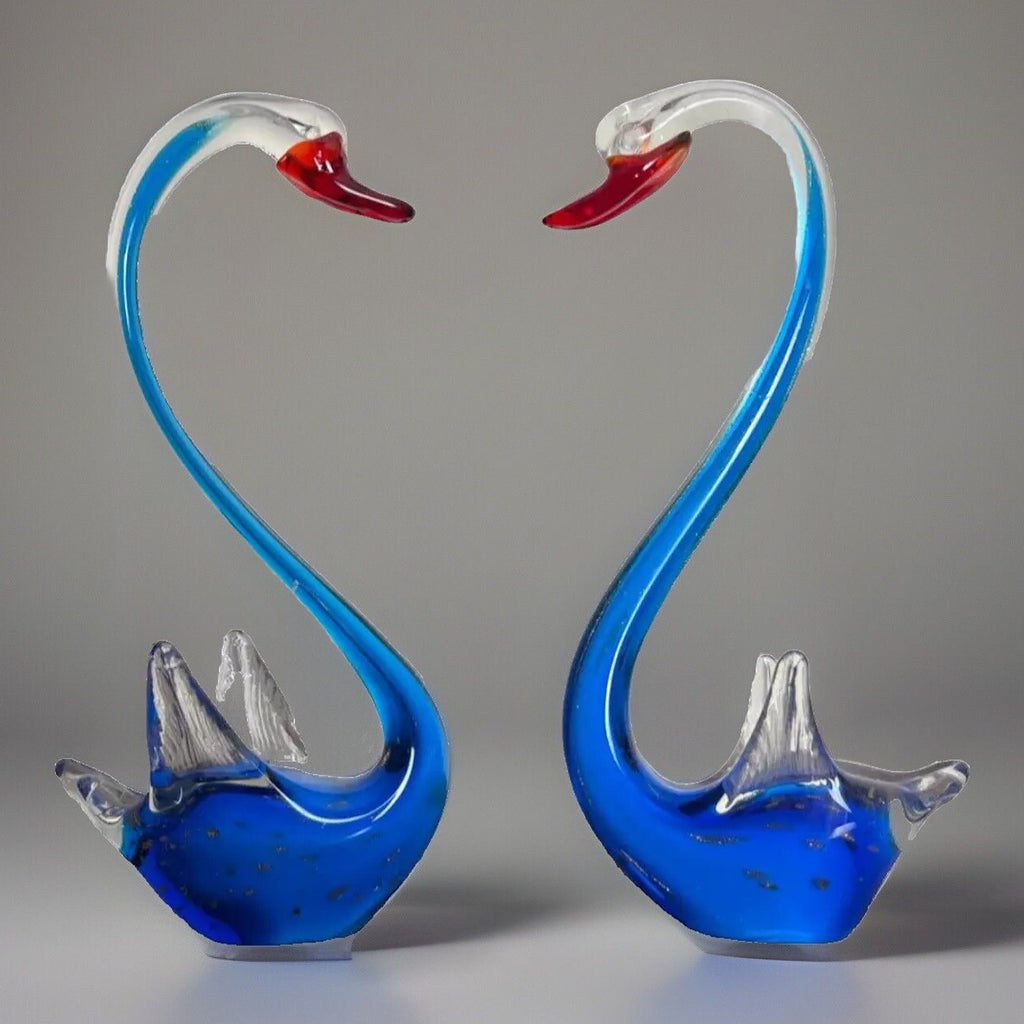 Vintage MCM Cobalt Blue Art Glass Swan Pair Hand Blown Figurines 12” Tall