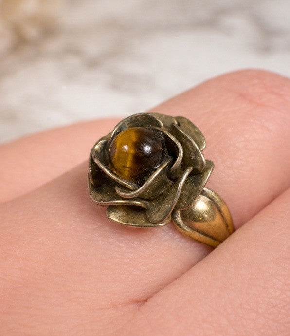 Sterling Silver Tiger’s Eye Rose Ring – Floral Statement Ring Size 6.5