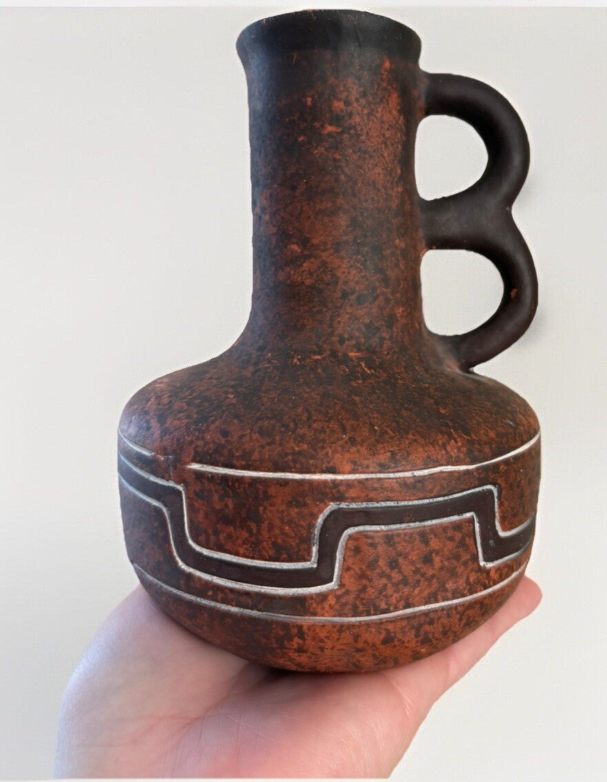 Vintage Popol Vuh Handcrafted In Mexico Red Black Clay Vase W/ Double Finger