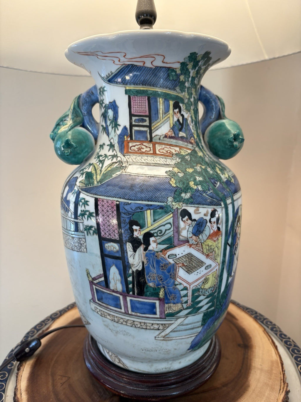 Antique Chinese Famille Rose Porcelain Figural Table Lamp w/ Relief Flowers 29”