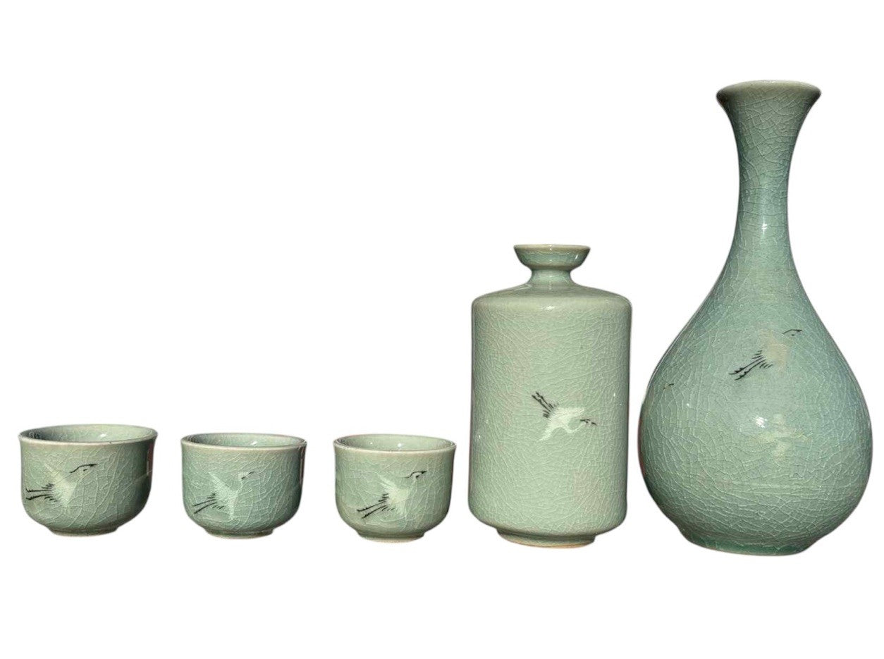 Vintage Korean Celadon Crackle Glaze Sake / Tea Set–Crane Motif –Signed 5 Pieces