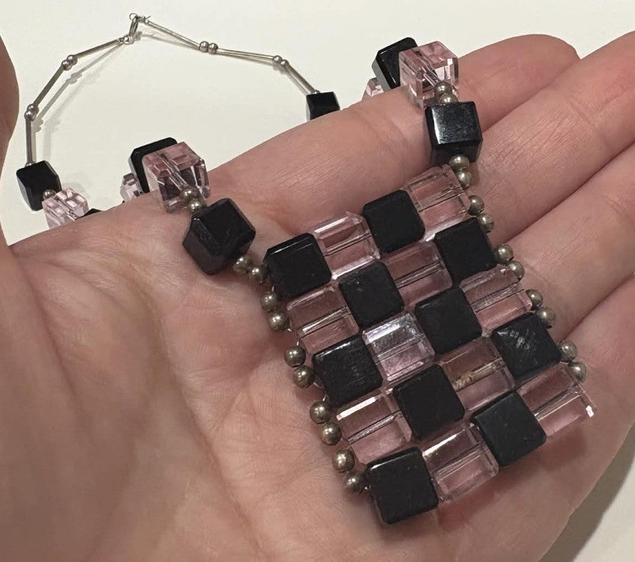 Rare Art Deco Sterling Necklace Onyx Rock Crystal Geometric Pendant 925 18”
