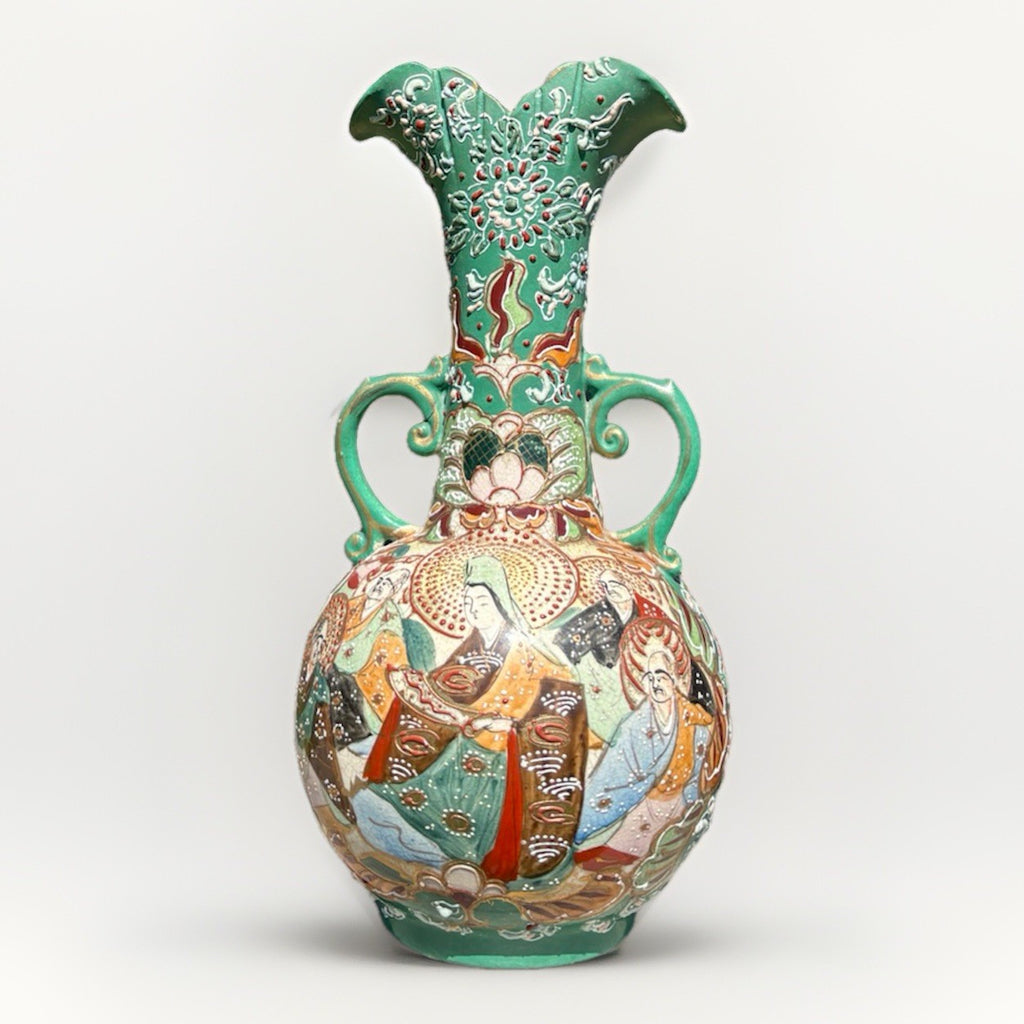 Antique Japanese Moriage SATSUMA Hand Painted VASE Earthenware Double Handle