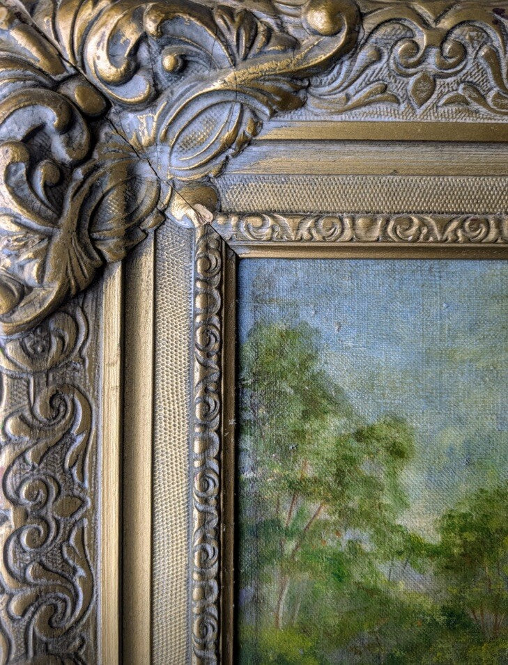 Franklin Barrett 1929 Original Oil Painting Garden Scene 42x30 Gilt Frame